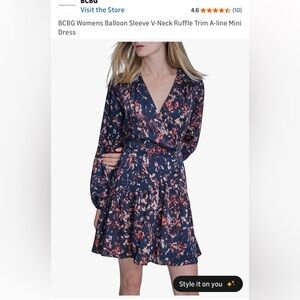 BCBG women’s balloon sleeve v neck ruffle trim a line mini dress size 8 NWT!